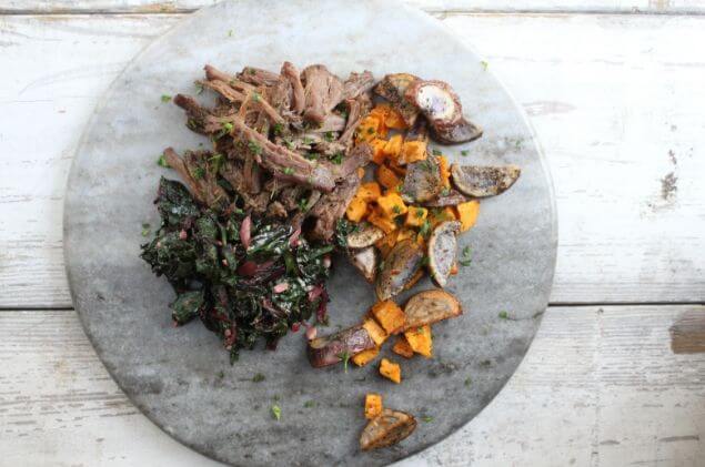 Smoked Chuck Roll with Sautéed Red Chard and Country Sweet Potatoes Smoked Chuck Roll with Sautéed Red Chard and Country Sweet Potatoes